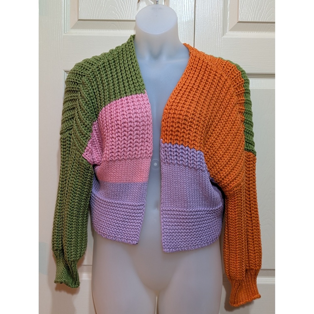Cider Color Block Crochet Cardigan Cropped Chunky Sleeve Mod Boho Open Front S